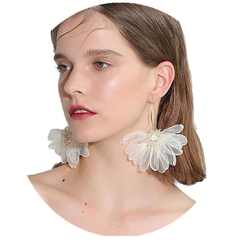 YERTTER Women Big Petal Drop Large Earrings Big Flowers Dangle Earrings with Chiffon Floral Tassel for Vacation Wedding (Ivory) - Image 1